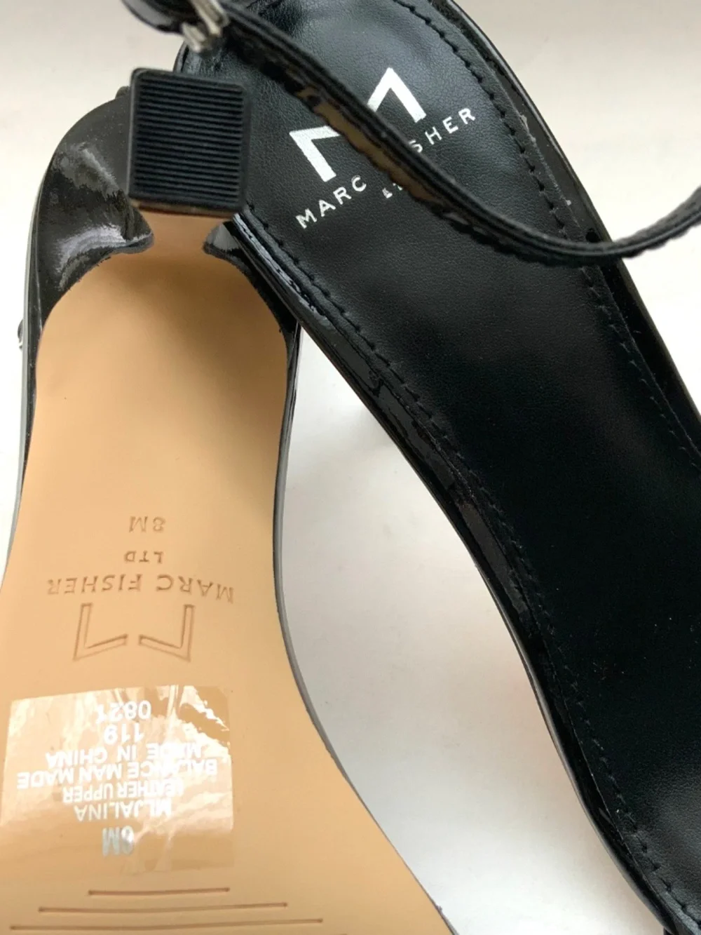 MARC FISHER Jalina Black Patent Leather Square Toe Ankle Strap High Heel Sandals